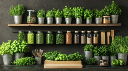 Green Kitchen A Still Life of Fresh Herbs Spices and Kitchenware on a Black Countertop