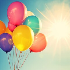 Obraz premium Colorful balloons floating in the bright blue sky with the sun shining, creating a cheerful and festive atmosphere. Perfect for celebrations.