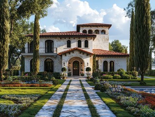 Obraz premium Mediterranean Villa Entrance A sundrenched pathway lined with vibrant flowers leads to a grand arched doorway framed by lush greenery and towering cypress trees