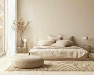 Minimalist Bedroom with Neutral Tones Wide Angle View of a Serene Bed with Beige Linens a Woven Rug and a Fluffy Pouf