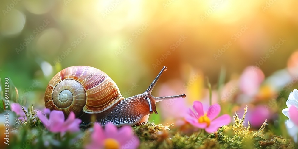 Poster macro close-up snail in forest on blurred defocused background with copy space for text