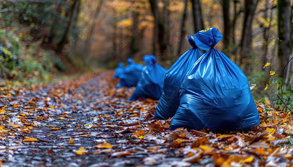 Wall mural blue trash bags neatly placed along a forest path