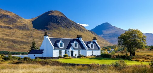 Scottish Highlands A White Cottage Nestled Amidst Rolling Hills with a Lush Green Lawn in the Foreground and a Blue Sky Above