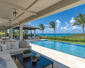 Fototapeta premium Palm Tree Framed View of a Luxury Pool and Ocean from a Covered Patio