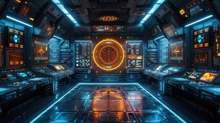 Futuristic Control Room with AI Algorithms Processing Complex Data for Text Overlay