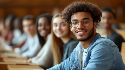Obraz premium Smiling Man in Glasses Closeup Portrait Blurred Background Student Confidence
