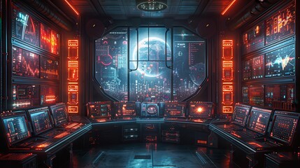 Futuristic AI-Controlled Data Processing Room with Blank Space for Text Overlay