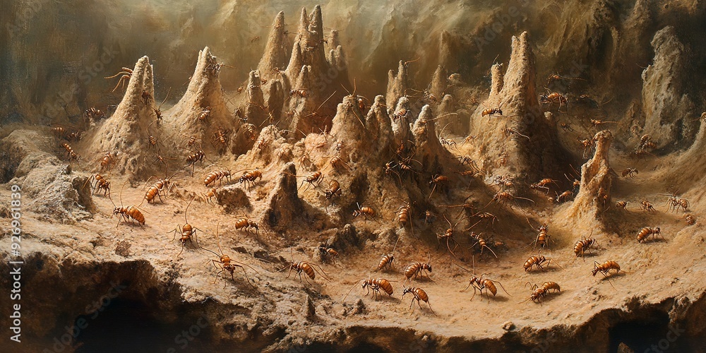 Poster termites constructing their intricate mounds, emphasizing their complex social structure.