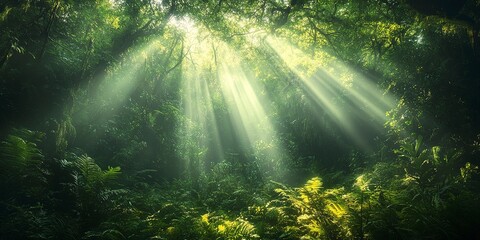 Obraz premium Sunlight beams through the dense canopy of a lush, green forest. The rays illuminate the forest floor, creating a magical atmosphere. 