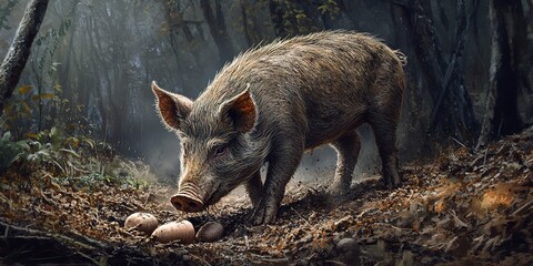 A feral pig, with muddy fur, energetically digs into the earthy forest floor with its snout, uncovering hidden roots and tubers to sate its hunger.