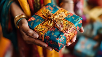 Close-up of hands holding beautifully wrapped gift with intricate patterns, creating a festive and celebratory atmosphere.
