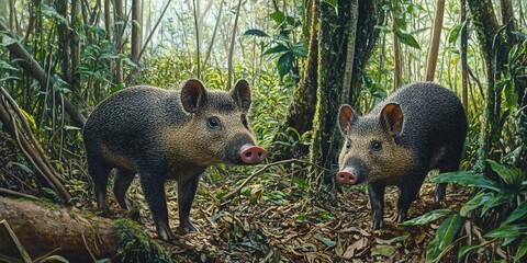 Exploration of Nature's Beauty: Peccaries Roaming the Amazon Rainforest Undergrowth