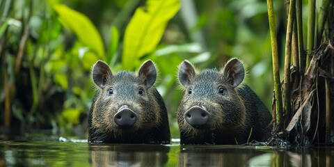 Exploration of Nature's Beauty: Peccaries Roaming the Amazon Rainforest Undergrowth