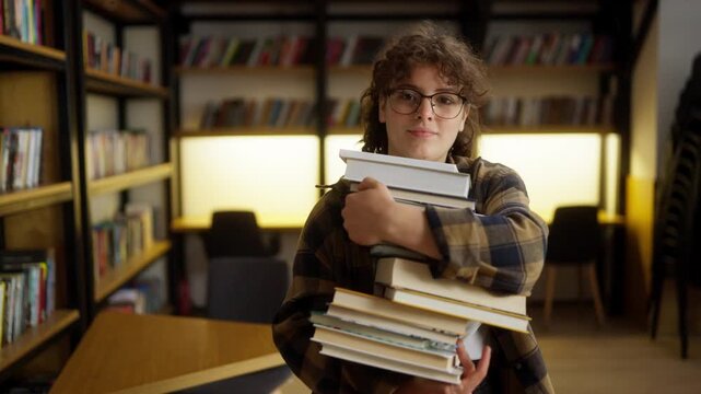 Portrait of a brunette student girl in glasses who carries a stack of books near the shelves in the library