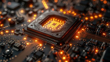 Quantum Processor Close-Up with Qubits and Circuit Lines, Left Side Copyspace