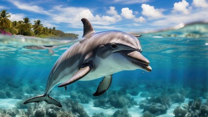 Obraz premium Playful dolphin swimming in a tropical ocean, coral reef below, clear blue water, joyful and fre
