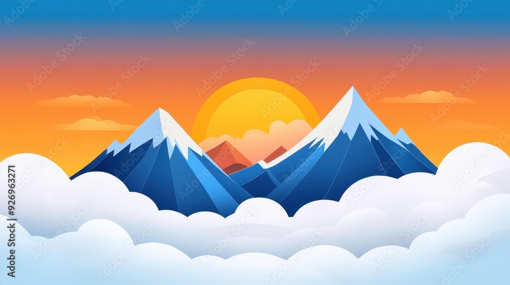 Sticker A stunning mountain range with sharp, snowtipped peaks rises above a dreamy cloud sea, glowing in winters warm sunrise.