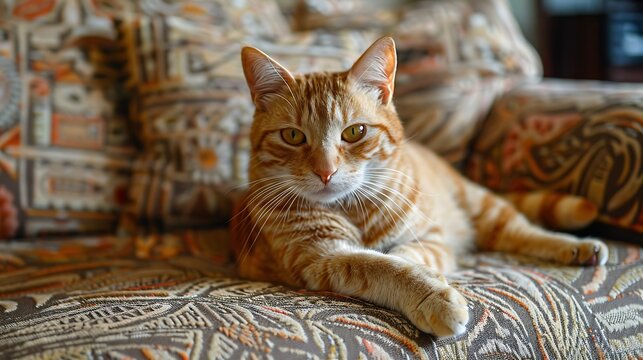 Lazy orange and blond colored cat on a sofa with paw extended and staring