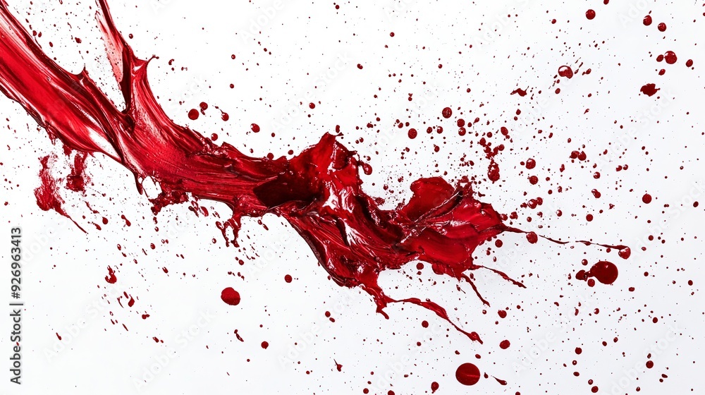 Poster ruby red paint splatters frozen in time, capturing the dynamic and chaotic nature on a clean white b