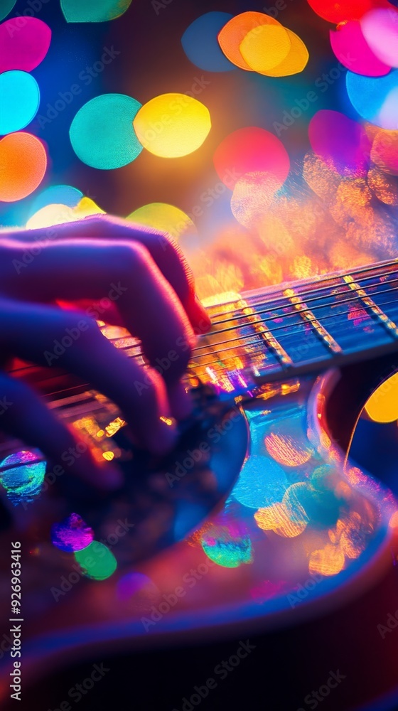 Poster close-up of hand playing guitar with colorful bokeh lights in the background, creating a vibrant mus
