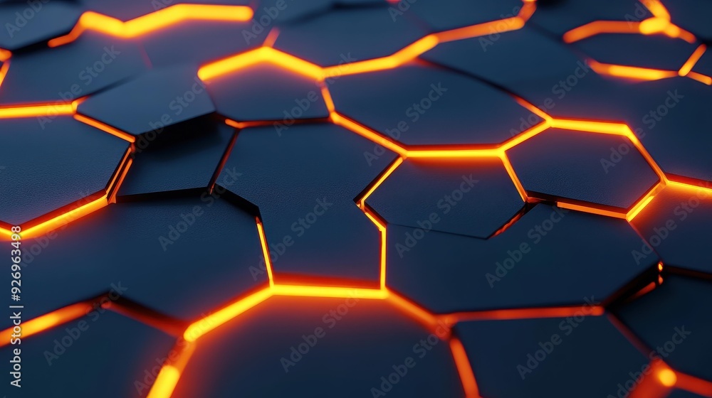 Poster experience a stunning 3d rendering of a futuristic hexagonal surface adorned with glowing orange cra