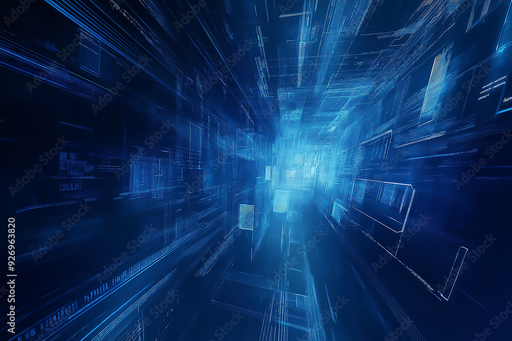 Poster abstract blue lines on a technology and ciyscape background for presentations or futuristic web desi