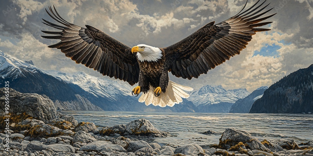 Sticker Majestic bald eagle landing on a rocky beach, perfect for wildlife and nature-themed projects