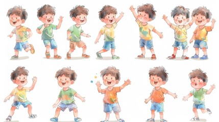 A series of full-body watercolor illustrations of a 7-year-old boy, depicted in different poses such as waving, running, and playing, with expressive facial features that convey emotions like 