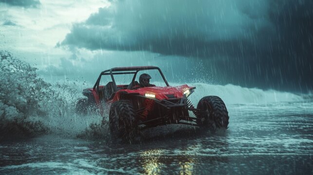 A cool off-road buggy drives fast along the beach during heavy rain and wind, splashing water and mud everywhere