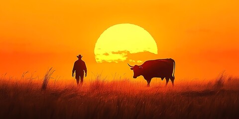 Naklejka premium A man and a cow are walking through a field. The sun is setting in the background. The sky is orange and the grass is tall