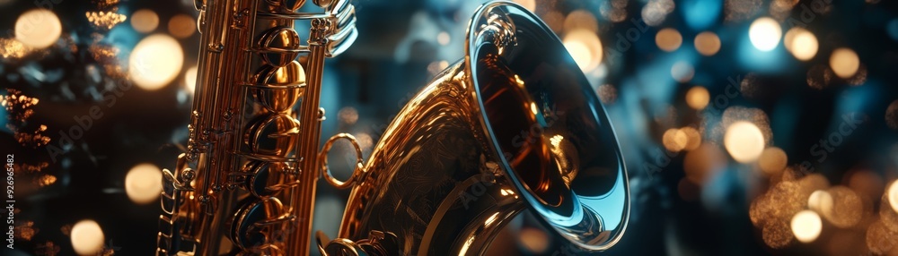 Poster close-up of a saxophone with golden tones, blurred bokeh lights in the background creating a warm an