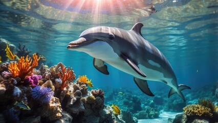Obraz premium Playful dolphin swimming near a coral reef, vibrant underwater world, colorful fish, sunlight filtering through.-