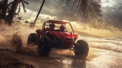 A cool off-road buggy drives fast along the beach during heavy rain and wind, splashing water and mud everywhere