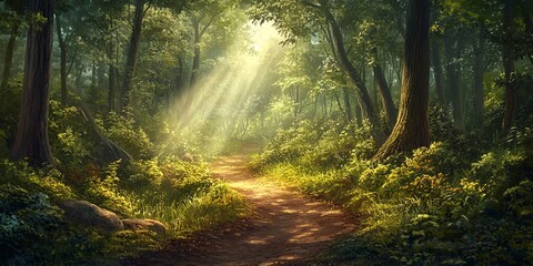 Fototapeta premium A tranquil forest path illuminated by sunlight, perfect for nature lovers and outdoor enthusiasts seeking peace and serenity.