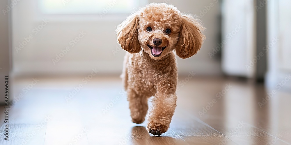 Poster A brown poodle walks across a hardwood floor with a smile