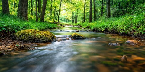 Obraz premium Tranquil forest stream with clear, flowing water and verdant surroundings