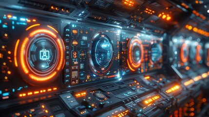 Futuristic Quantum Computers with Holographic Interfaces for Technology Concept. Text Space on the Left Side.