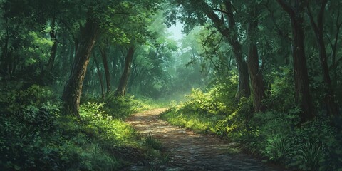 Fototapeta premium A serene forest path with lush green trees and a damp, earthy trail. The peaceful atmosphere is enhanced by the soft glow of subtle light.