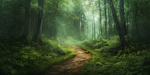 Obraz premium A serene forest path with lush green trees and a damp, earthy trail. The peaceful atmosphere is enhanced by the soft glow of subtle light.