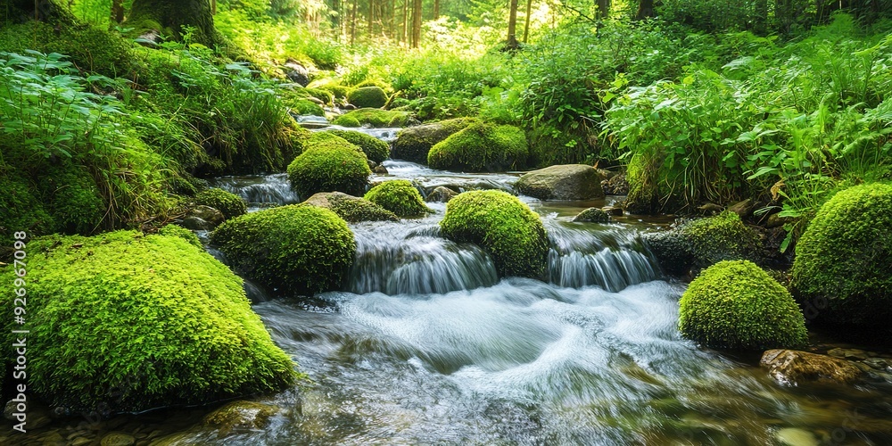 Poster Water gently flows over moss-covered rocks in a peaceful forest stream, surrounded by vibrant greenery and the sounds of nature