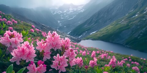 Fototapeta premium Magic pink rhododendron flowers on summer mountain