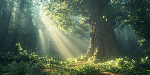 Obraz premium majestic ancient sequoia sunbeams filtering through leaves misty forest floor ethereal woodland creatures 