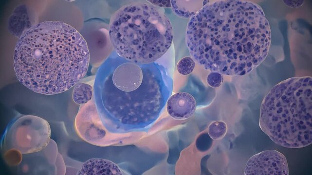 Purple cells floating in organism showing cellular division process