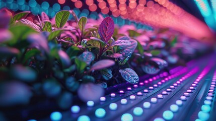 Illuminated Hydroponic Garden with LED Lights for Plant Growth | Copy Space on Left