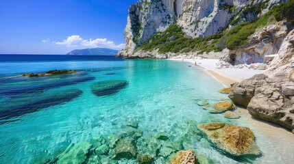 Obraz premium A stunning view of a beach with crystal clear water, white sand and a rocky cliff in the background.