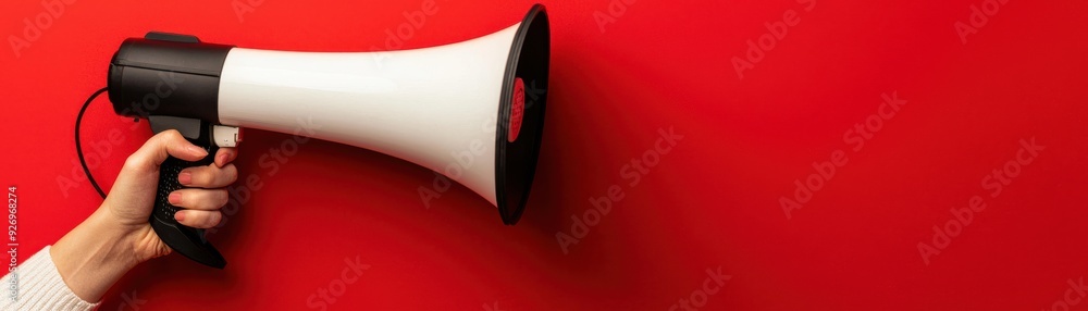 Wall mural A person holds a megaphone against a vibrant red backdrop, symbolizing communication, announcement, and attention grabbing.