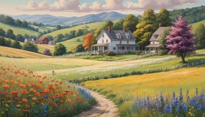 A picturesque village nestled in the mountains with a charming house,