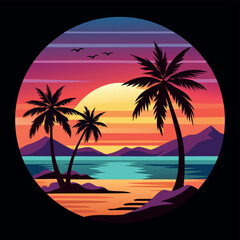 Summer Vector graphic for t-shirt design with beach, sunset, and palm tree