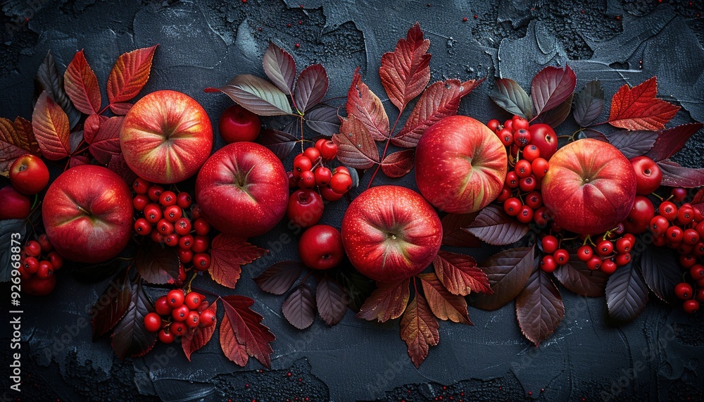 Sticker apples, wild cherry-plums, red berries and beautiful autumn flowers