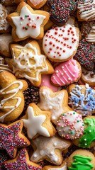 Fototapeta premium Assorted colorful decorated holiday cookies in various festive shapes and vibrant icing, creating a cheerful celebration atmosphere.